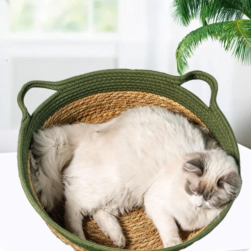 Natural Straw Cats House Resting Basket for Small Dog Cats Scratchproof Bulrush Bed Cats Furniture Pet Nest All Season