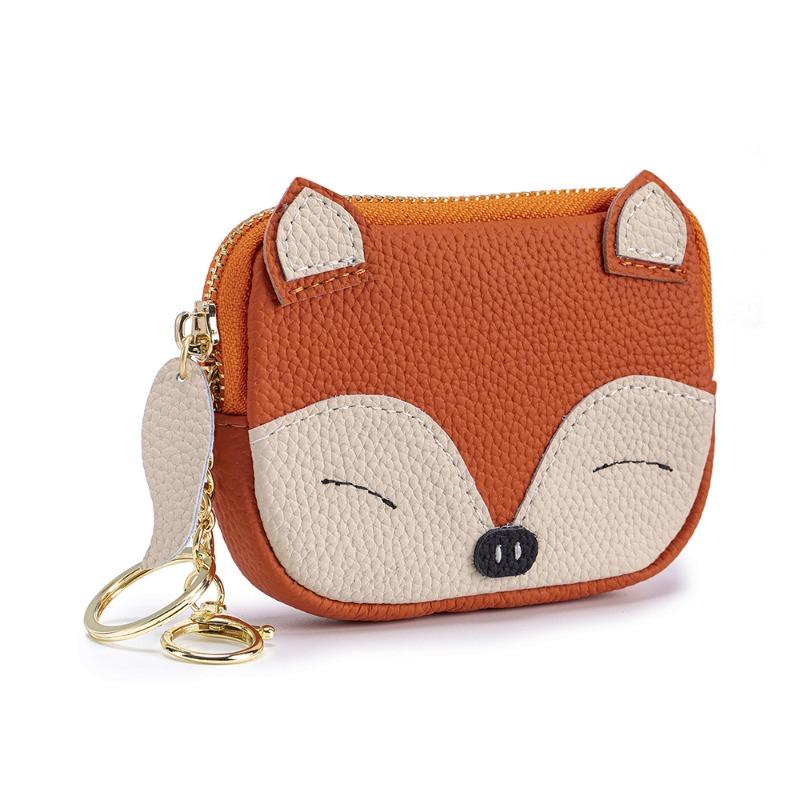 

New first-layer cowhide cartoon cute embroidered fox change bag genuine leather lipstick coin storage small bag female