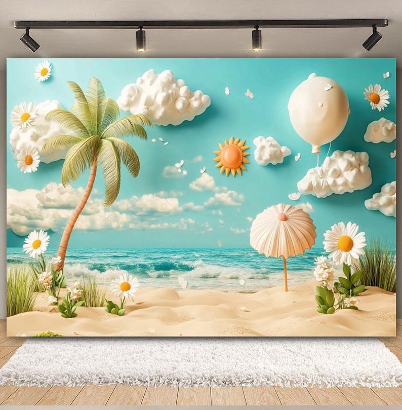 Summer Beach Backdrop Hawaii Tropical Seaside Sunshine Blue Sky Palm Tree Baby Birthday Holiday Party Photography Background