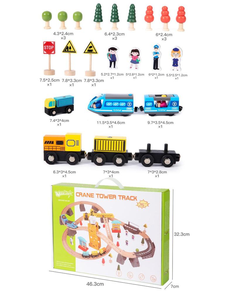 Wooden Train Toy Set with Tower Crane for Kids - Educational Assembly Playset