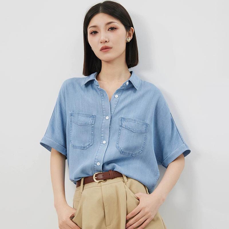 French Retro Temperament Short-sleeved Denim Shirt Women's Design Niche Blue Shirt Chic Top