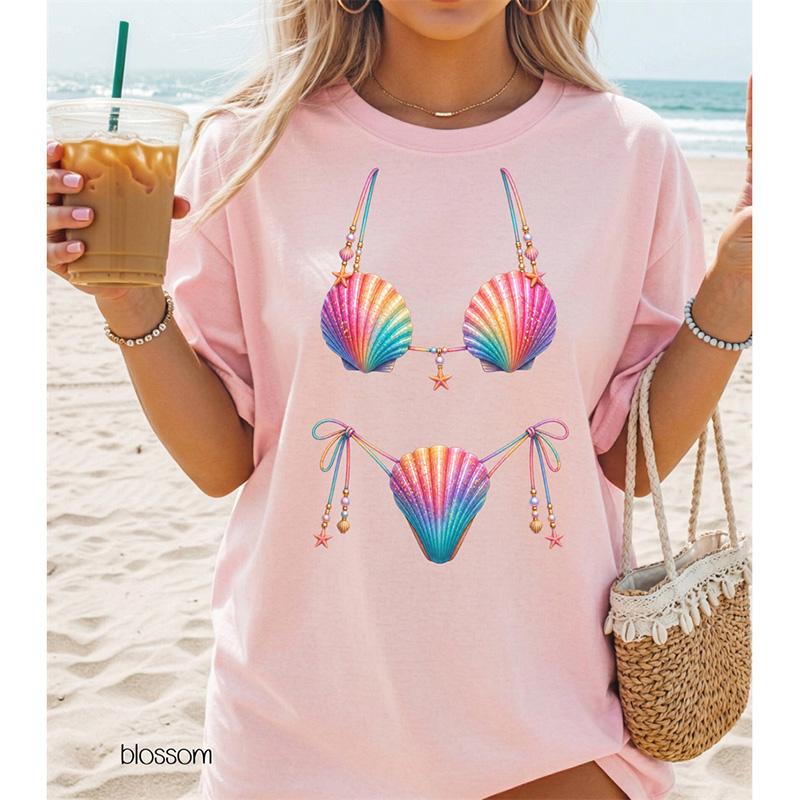 Fun Seashell Bikini 3D Print Sea Beach T-shirt For Women Personalized Vacation Style Breathable Loose T Shirts Summer Leisure S
