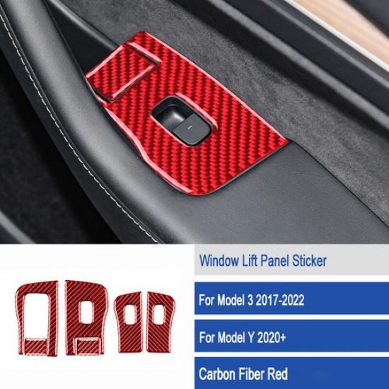 4x Red Carbon Fiber Car Window Lift Switch Panel Cover For Tesla Model 3 Y 17-22