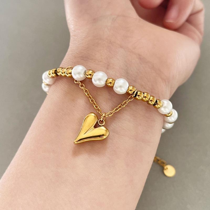 Stainless Steel Love Heart Pendant Natural Freshwater Pearl Bracelet For Women