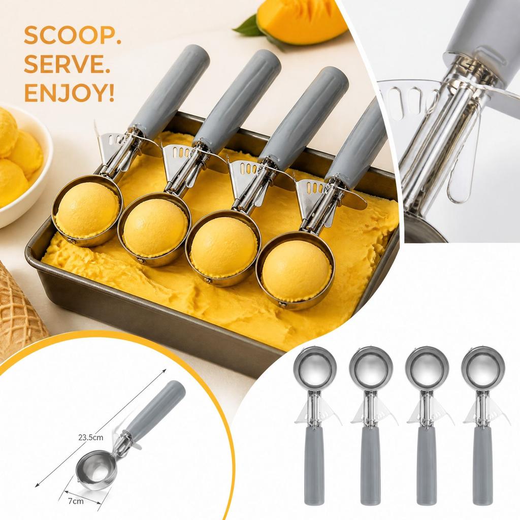 Ice Cream Scoop 4-Piece Set for Kitchen, Dessert and Treats at Home