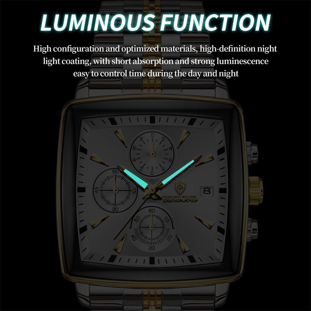 New Fashion Men Watch Luminous Waterproof Chronograph Date Man Wristwatch Square Stainless Steel Quartz Men'S Watches Reloj