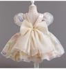 Girls Dress Summer New Korean Princess Mesh Pearl Round Neck Big Bow Bubble Sleeve Fluffy Dress Kids Clothes Girls