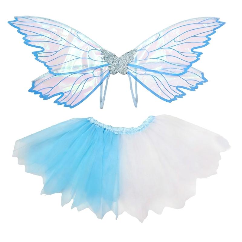 Multi-layer Fairies Wing Tulle Costume Set for Girls Halloween Cosplay Outfit with 3D Wing Costumes Accessory