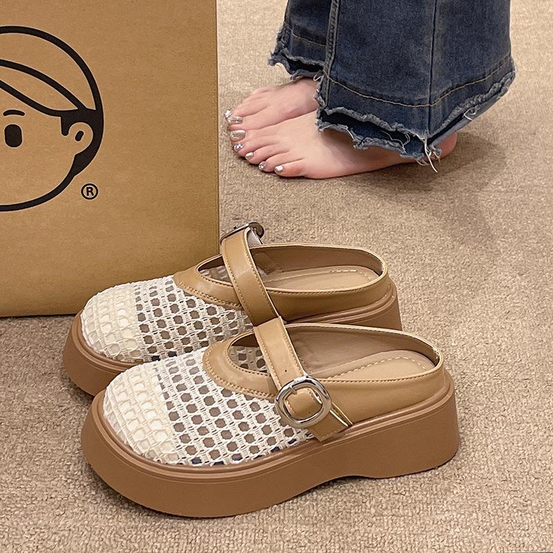 Hollow woven through-mesh platform slippers 2025 one-word strap single shoes sandals women's shallow mouth Mary Jane shoes