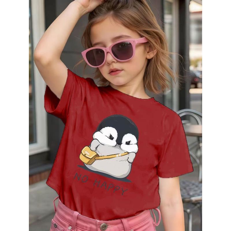 Girls Cute Penguin Print Crewneck Loose Summer Casual Short Sleeve T-Shirt