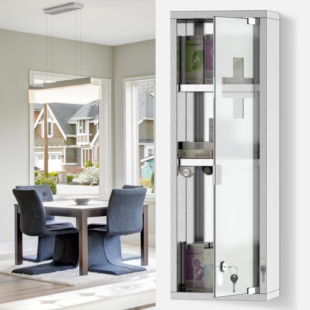 Medicine Cabinet Made of Stainless Steel and Tempered Glass Door Medicine Cabinet for Medication Storage