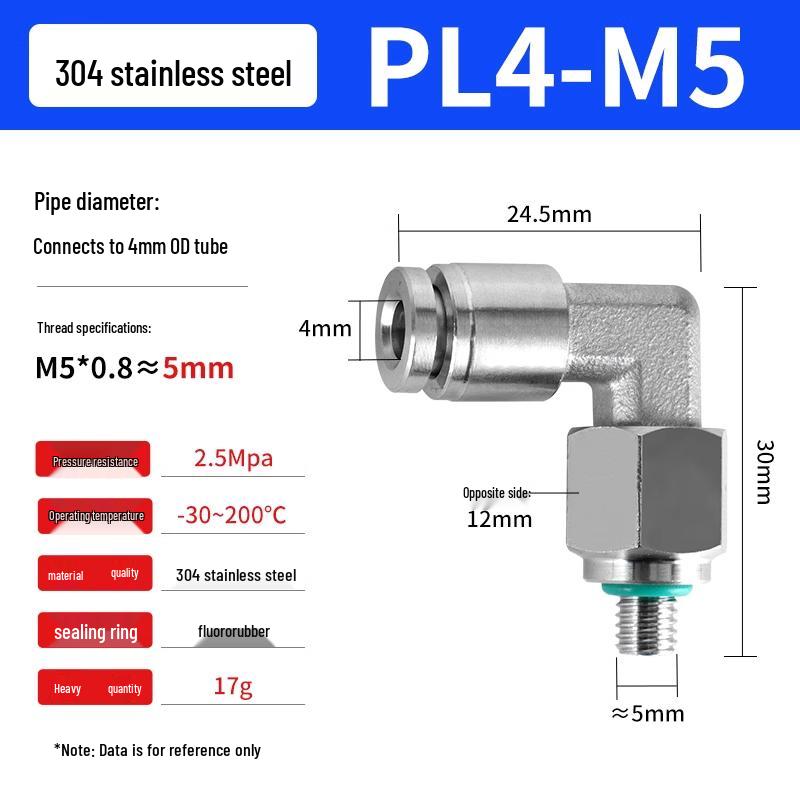 304 Stainless Steel Pneumatic Quick Push-in Connector, PC16-06/PC8-02 Swivel Elbow, PL6-M5/04
