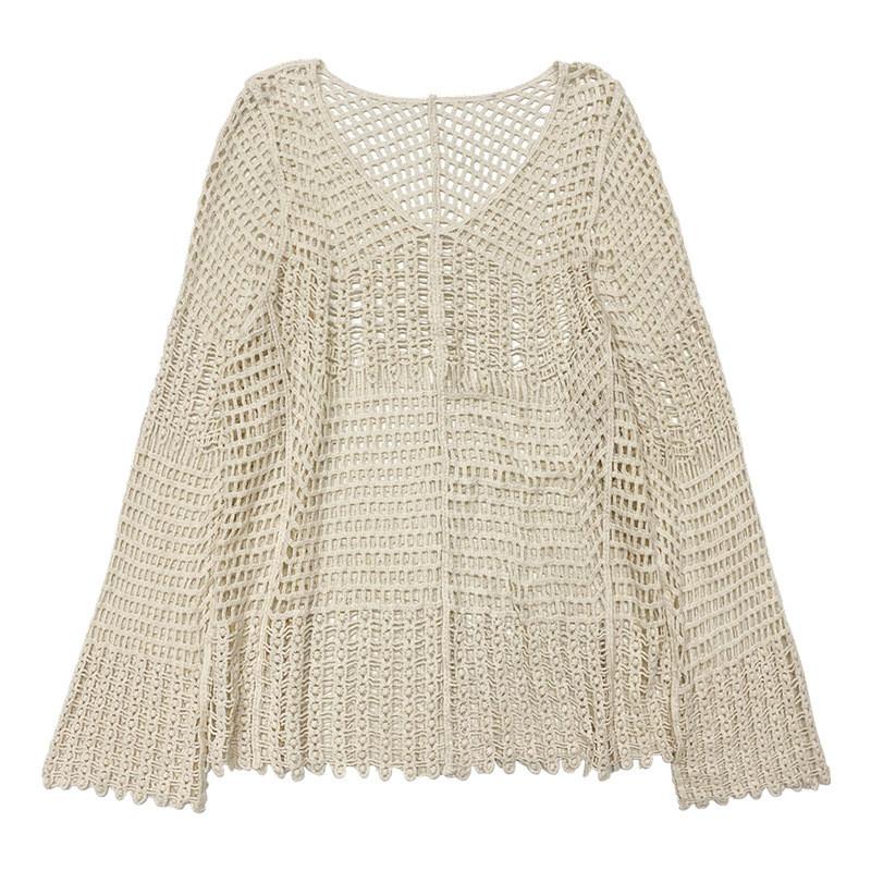 Korean Style Hollow Out Knit Top For Women New Loose Fit Long Sleeve Pullover Casual Versatile Sheer Mesh Blouse With Unique Design Sense