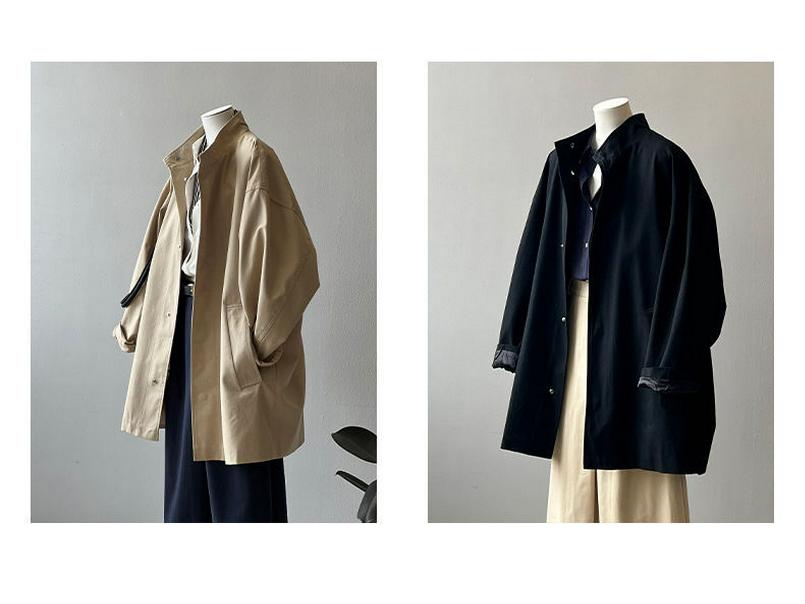 Damen Trenchcoat im koreanischen Stil, mittellang, Stehkragen - Japanische Arbeitskleidung, lockere Passform, dünne Textur für Frühling und Herbst