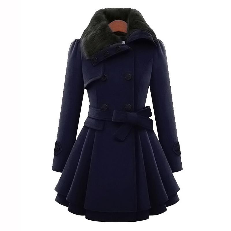 Winter Long Wool Coats Women Streetwear Double Breasted Collar Woolen Collar Lace Up Pleated Ruffle Jackets