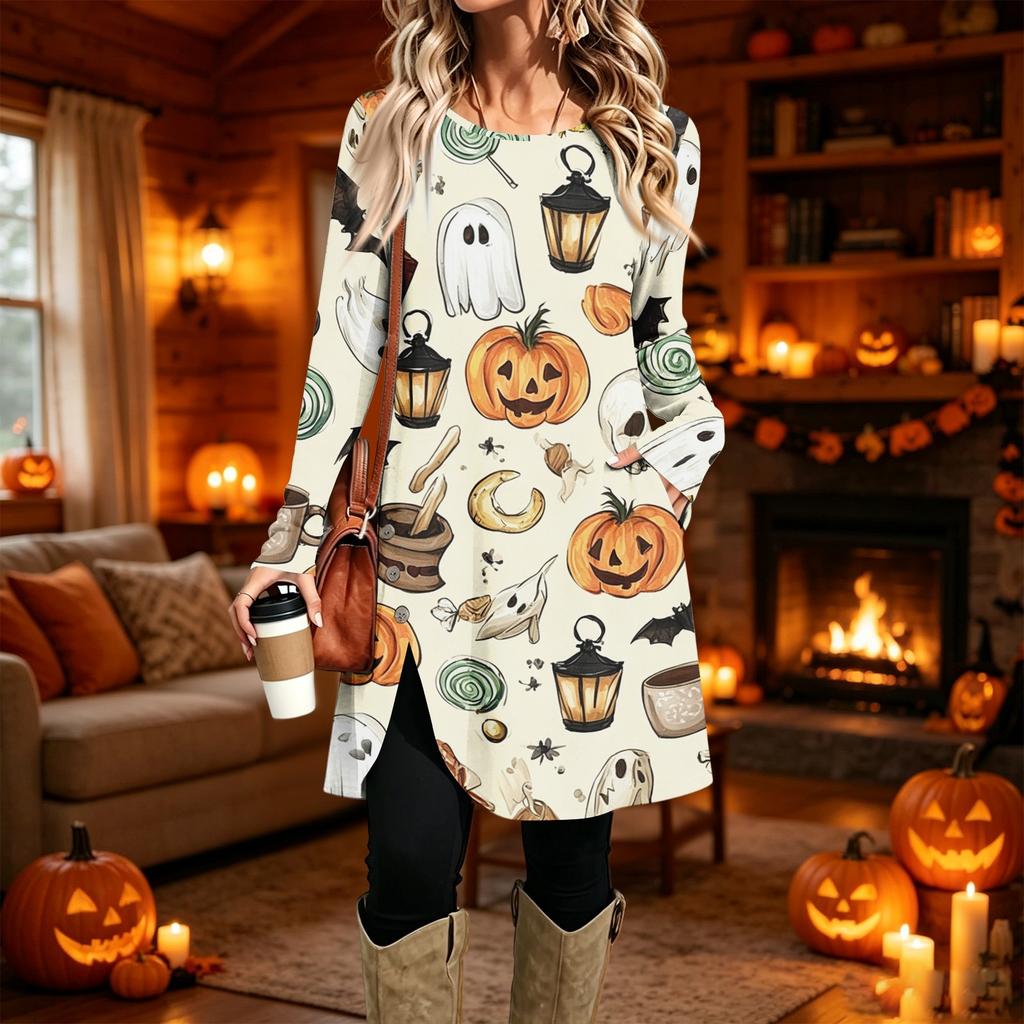 Women's Casual Long Sleeve Printed Round Neck Dress for Everyday Wear