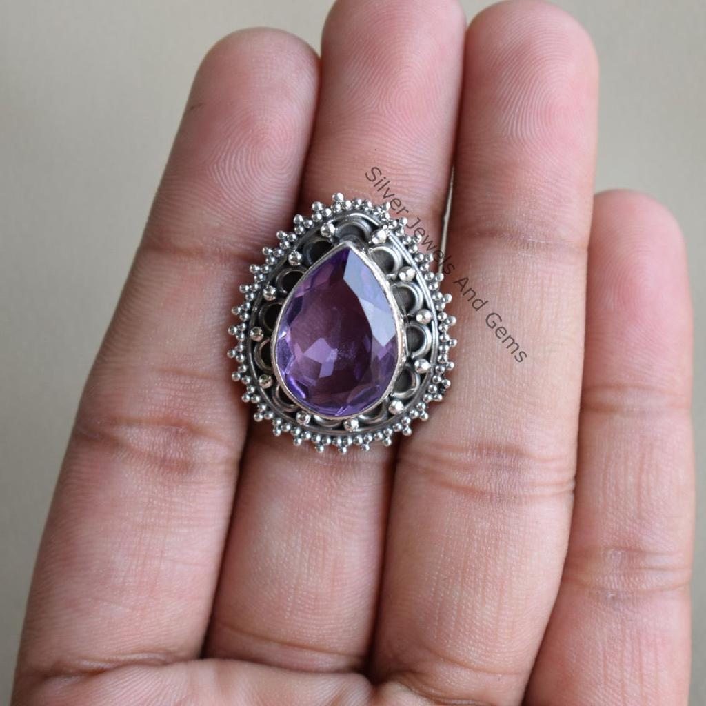 925 Sterling Silver Ring, Amethyst Ring, February Birthstone Ring, Handmade Ring, Teardrop Amethyst Designer Ring, Boho Ring. Gift For Her