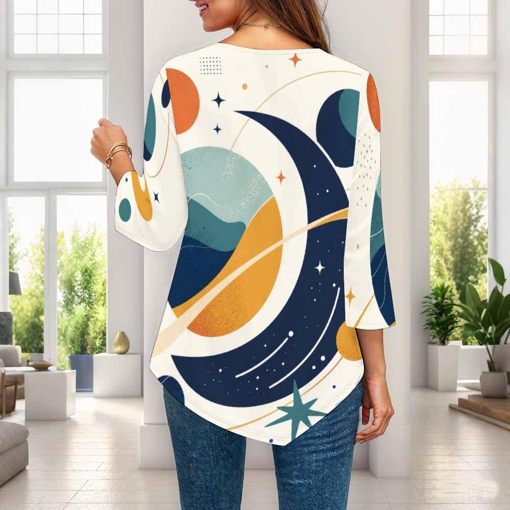 Ladies Plus Size Three Quarter Sleeve Top Pointed Hem Breathable Loose Casual For Daily Commute