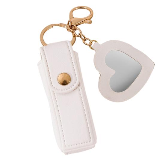 Lipstick Clip Keychain Pendant with Mirror Imitation Leather Lip Gloss Holder Heart-Shaped Pendant Alloy Key Ring