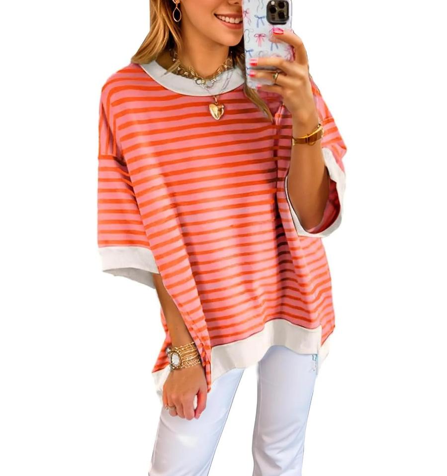 

Women s Striped Oversized Top with Contrast Trim, Baggy Half Sleeve Crew Neck Tee for Casual Wear XXL червоний