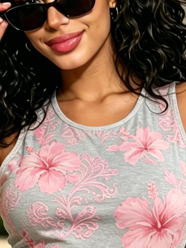 Tropical Hibiscus Floral Sleeveless Bodycon Mini Dress, Round Neck Slim Fit Vacation & Resort Cover-Up