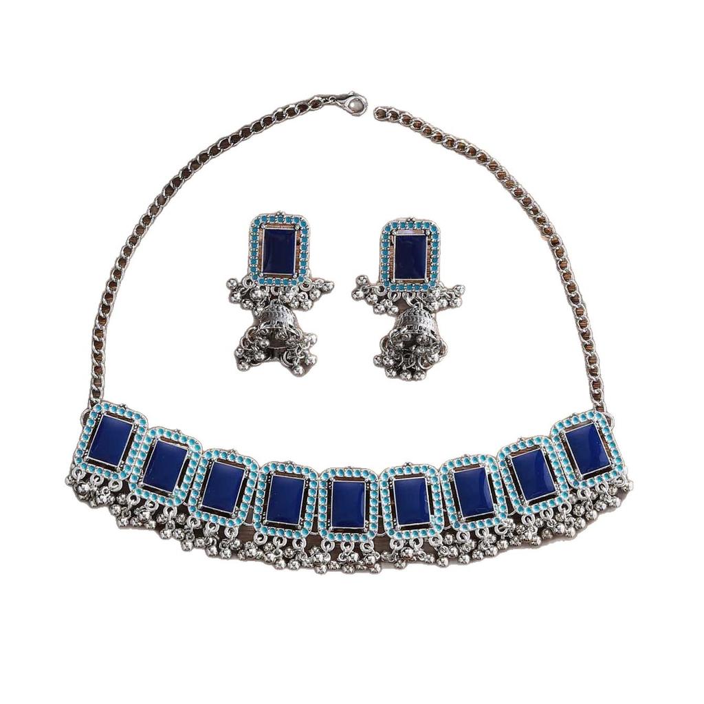Retro Ethnic Style Diamond-Encrusted Bells Fringed Earrings Women'S Bohemian Square Geometric Necklace Light Luxury Jewelry Set