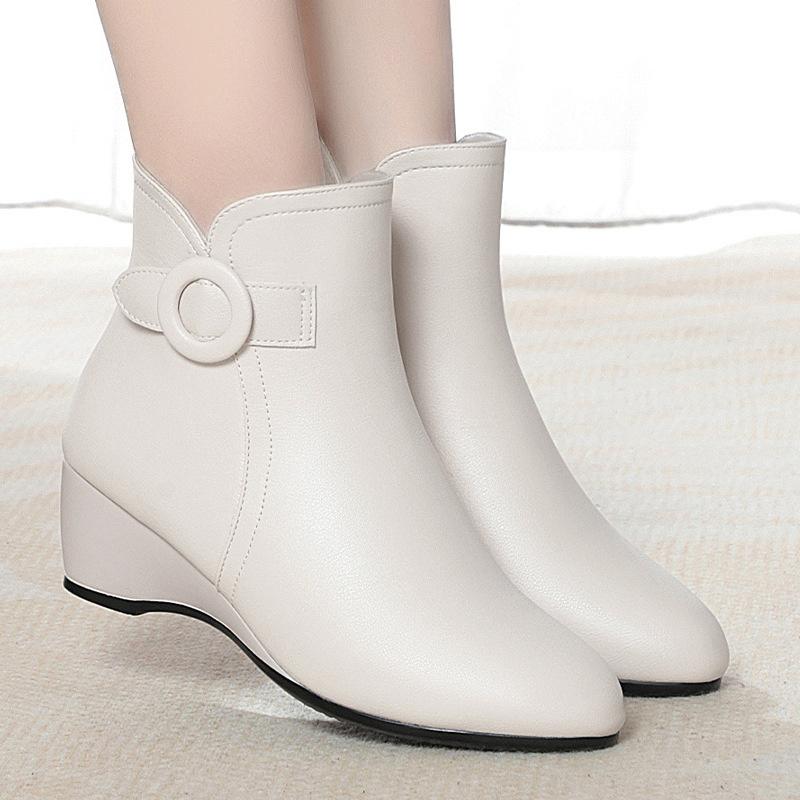 New Autumn Winter Warm Short Boots Women Black Solid Ankle Boots For Heel Zip Point Toe Fleece Wedge Mother Cotton Shoes