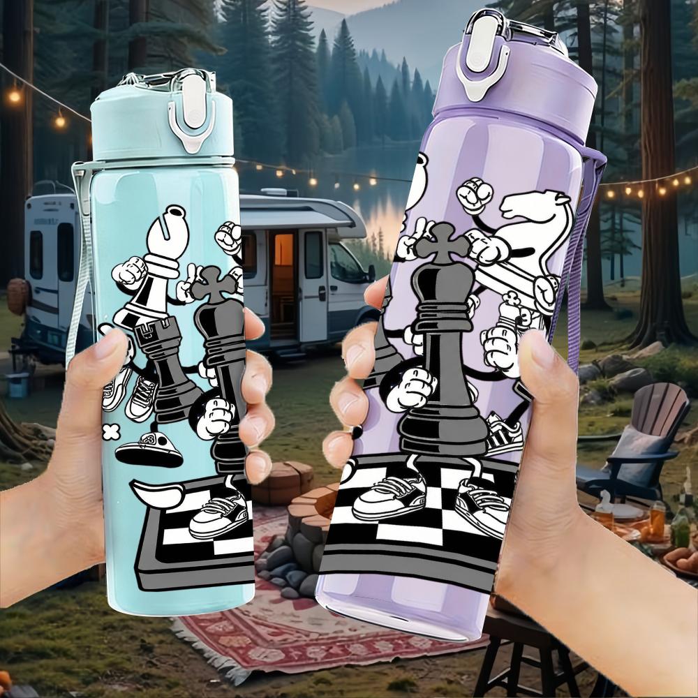 1PC Chess Pieces Table Sketch Layout 750ml Color Plastic Water Bottle Leakproof Flip Straw Lid For Sports Office Home Use