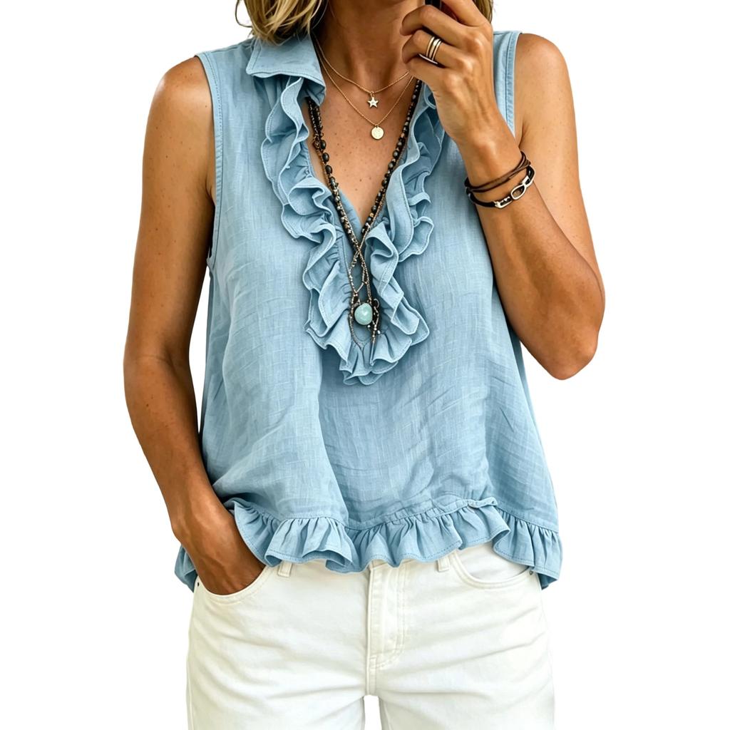 Women's V Neck Ruffle Sleeveless Blouse Lightweight Summer Casual Vacation Top with Frilled Hem and Front Detail