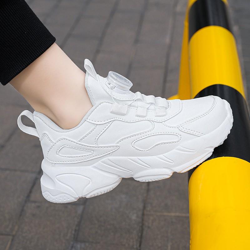 Kids White Mesh Running Shoes With Rotating Buckle Breathable Lightweight Sneakers Boys Girls Daily Wear