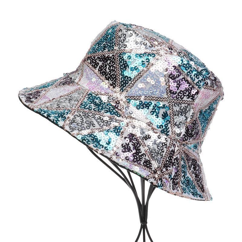 Women Bucket Hat Fishing Cap Sequin Hip-hop Festival Glitter Bling Wide Brim