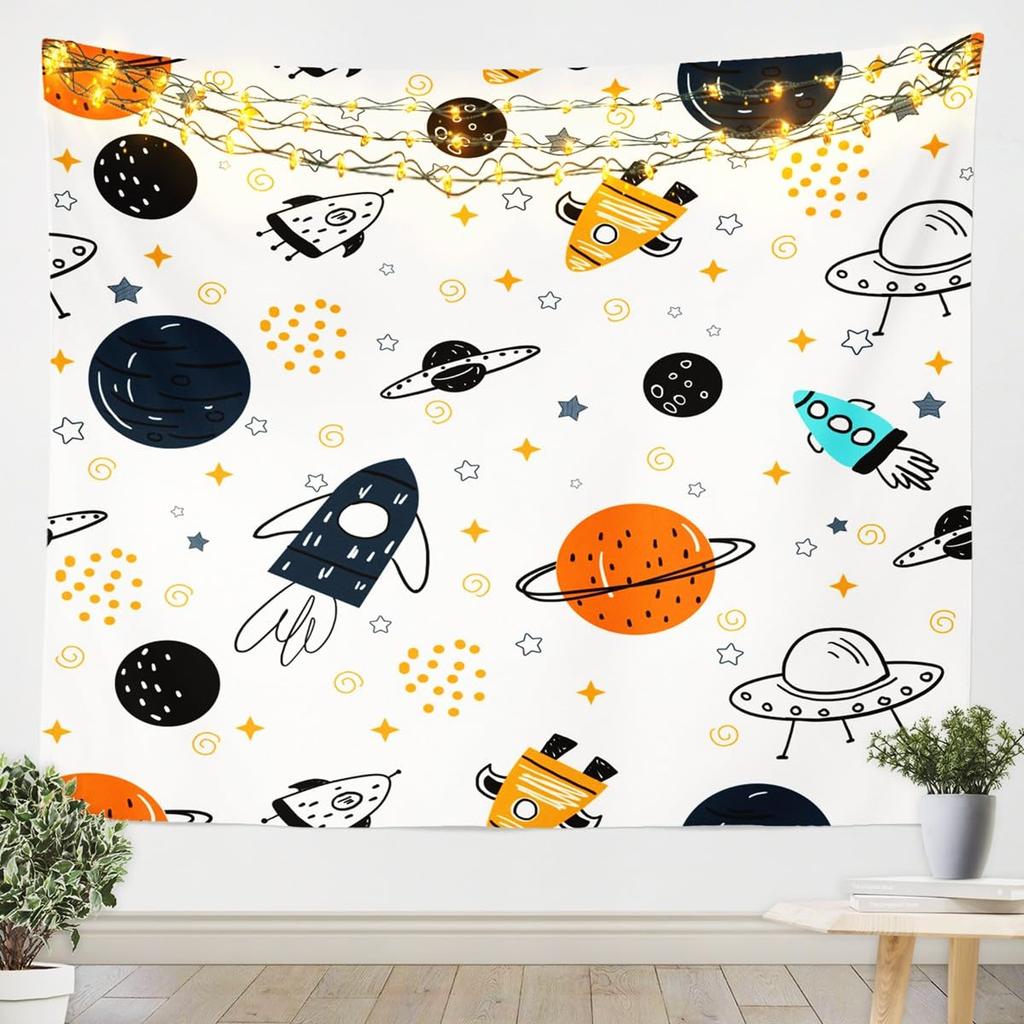 Kids Cartoon Space Tapestry,Galaxy Outer Space Themed Tapestry Wall Hanging,Boys Girls Bedroom Room Decor,Space Rocket Planets