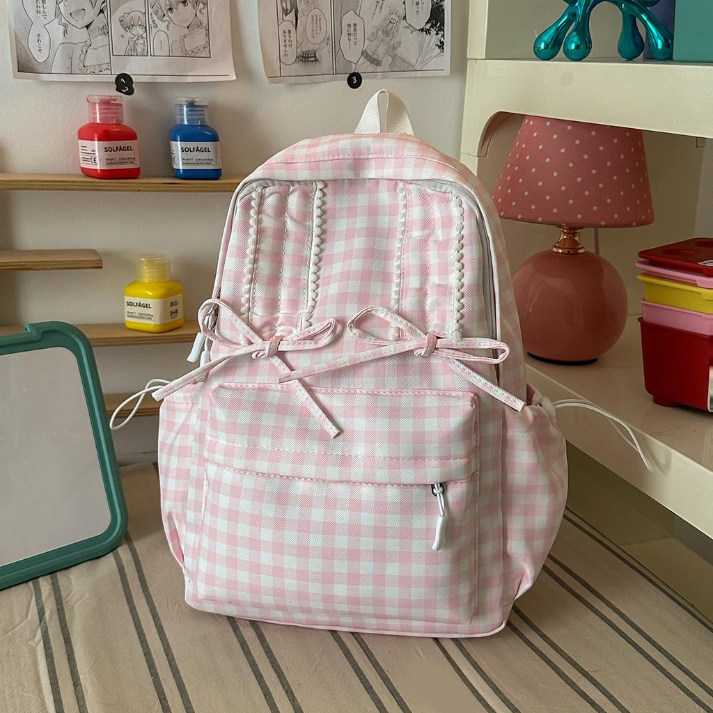 Schoolbag Fresh Light Blue Plaid Bow Girl Heart Backpack Primary School Students Literature Class Shopping Travel Versatile Schoolbag