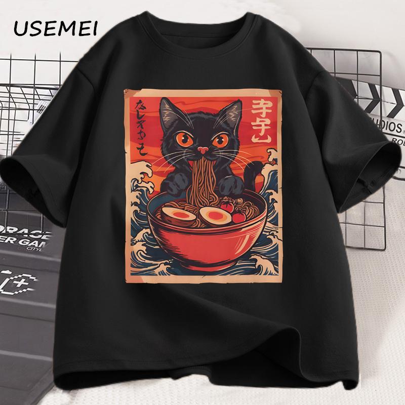 Cute Cat Ramen T-Shirt Vintage Perfect for Cat Lovers T Shirt Black Noodle Cat Tshirt Breathable Loose Clothes Street Tees