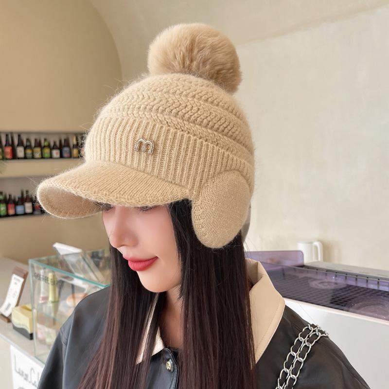 

Осенне-зимние шапки женские алфавит бриллиантовая этикетка вязаная шерстяная шапка плюшевая утолщенная зимняя теплая шапка с ушками шапка с помпоном One Size