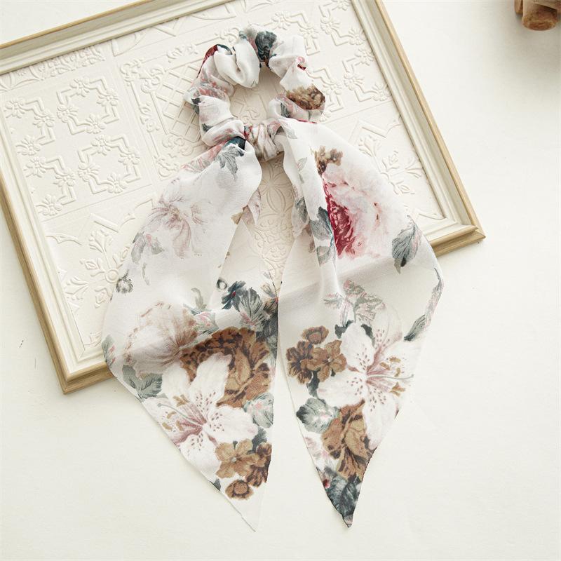 Summer Silk Scarf with Floral Pattern, Small and Fresh Hair Band, Big Hair Ring, Women's Hair Tie, Butterfly Knot, Flowing Ribbon
