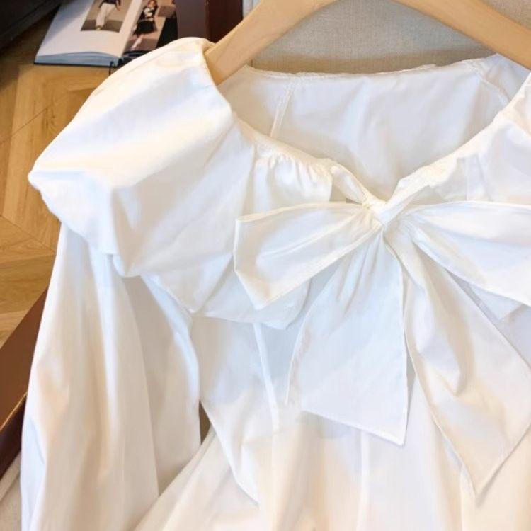 Casual Korean Style Women's Shirt Early Spring Style Ruffle Collar Temperament White Shirt Bow Top