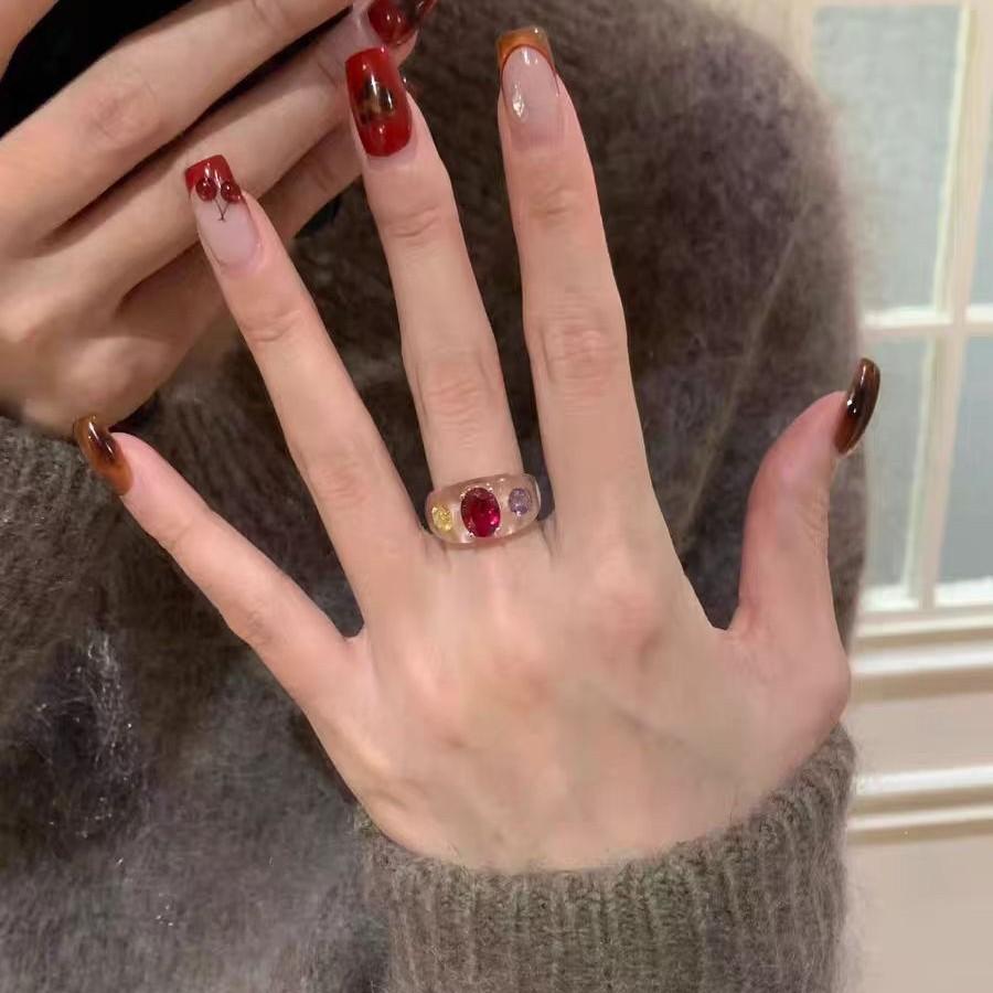 ins rose red ice crystal fructose ring women's imitation white crystal niche versatile color ice through jelly ring