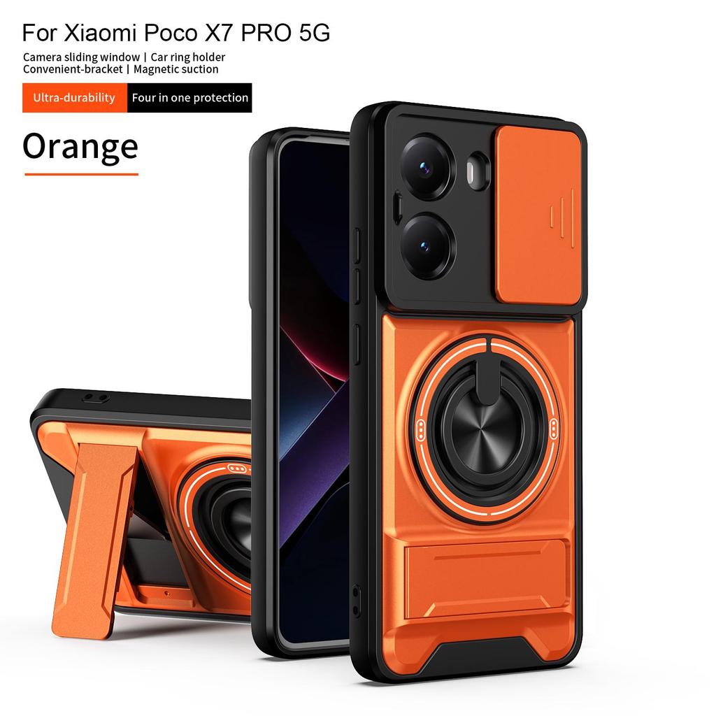 Phone Case Compatible for Xiaomi Poco X7 Pro 5G Case with Built-in Ring Stand Sliding Camera Lens Cover