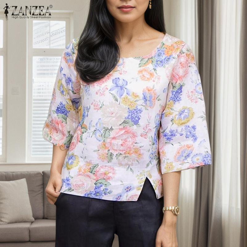 ZANZEA Women Casual Round Neck 3/4 Sleeve Split Hem Flora Printed Blouse