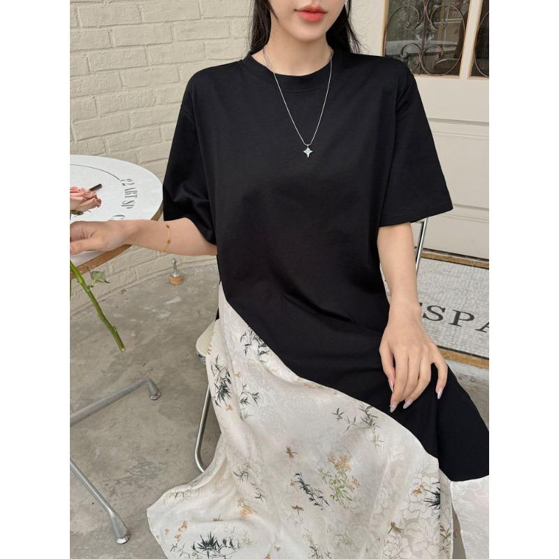 Dimanaf Vestido de Verano Talla Grande para Mujer Casual Empalmado Suelto Vintage Vestido Largo Básico de Manga Corta Maxi