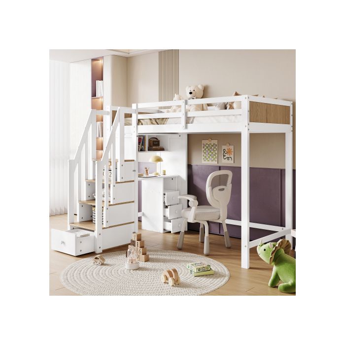 Lit superposé, lit d'enfant avec barrières anti-basculement couleur choc, bureau avec 3 tiroirs, 4 étagères, étagères ouvertes