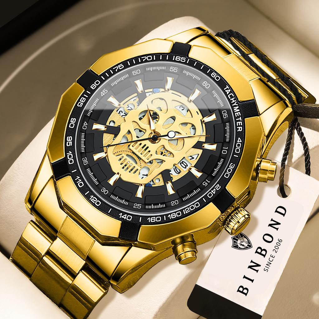 BINBOND Original Skeleton Skull Precise Quartz Wristwatches For Men Luxury Luminous Waterproof Auto Date Men's Watch Sturdy Relo