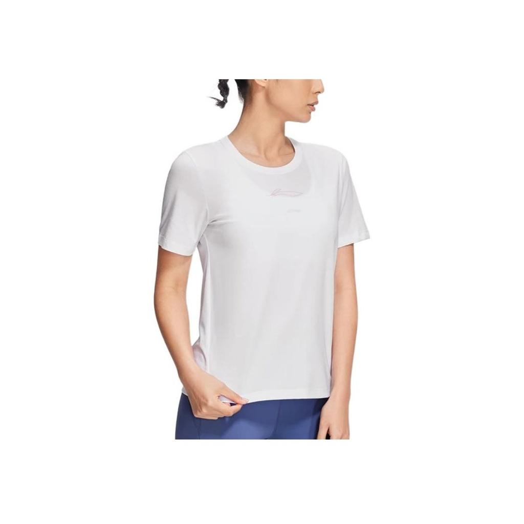 Li Ning Fitness Series Logo Print Solid Color Round Neck Short Sleeve T-Shirt Women Tops White ATSS360-7