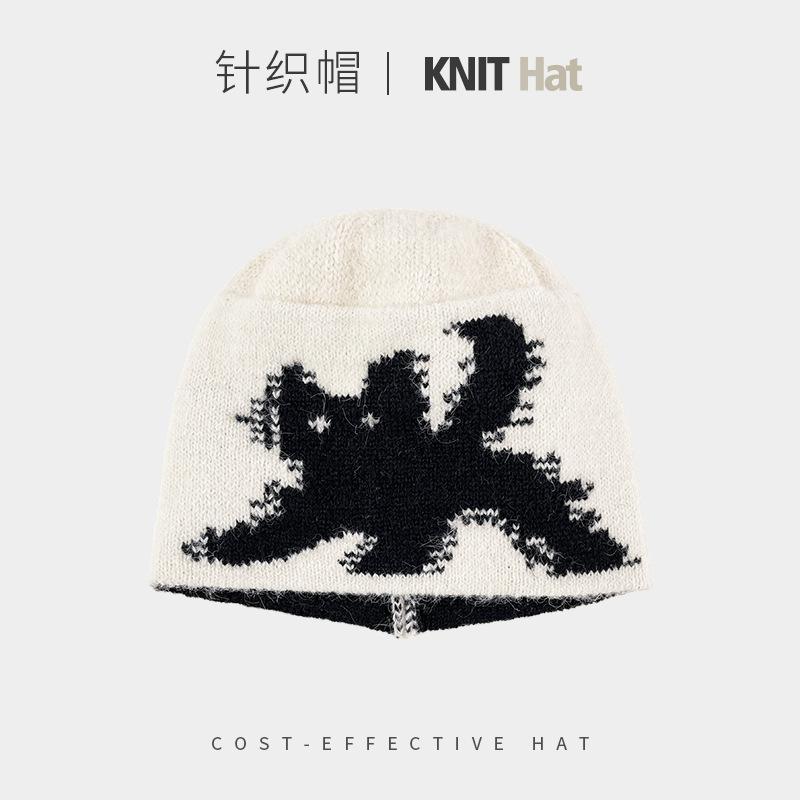 ins wind cartoon cat knitted hat women's autumn and winter warm ear protection wool hat versatile face small cold hat