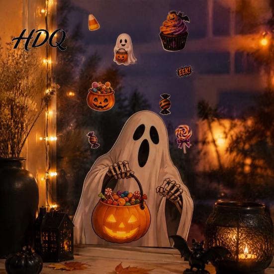 Halloween Window Clings Cute Cartoon Static Clings, Ghost Jack-O-Lantern Candy Glass Festive Home Ornaments Decals, Removable Stickers for Party Store
