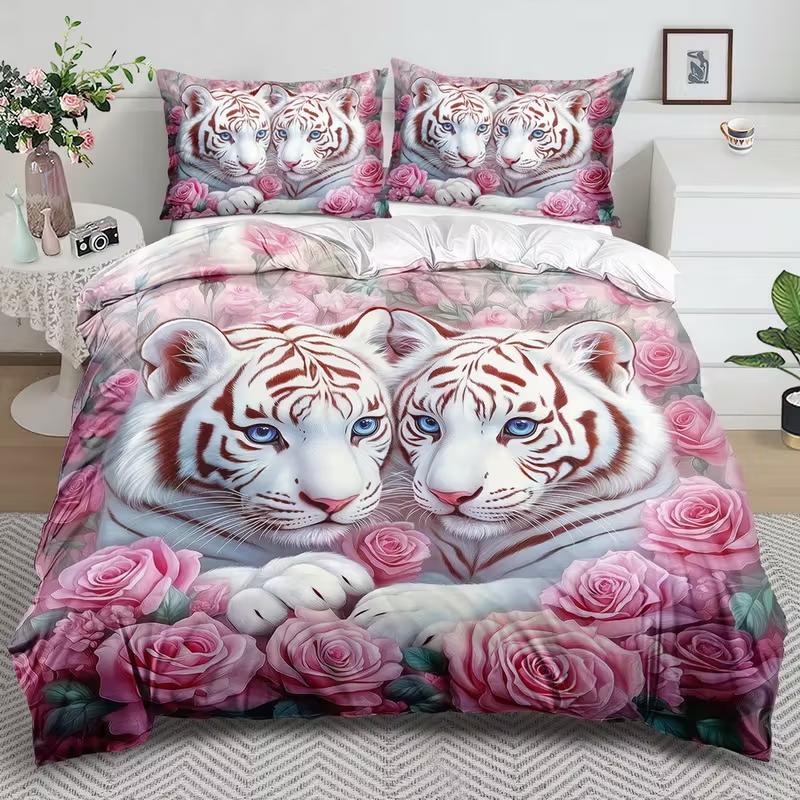 

White Tiger Theme Duvet Cover Set Animal Flower Bedding Set Tiger Print Duvet Cover Set Suitable For All Seasons Bedroom Decor 135x200cm 3PCS