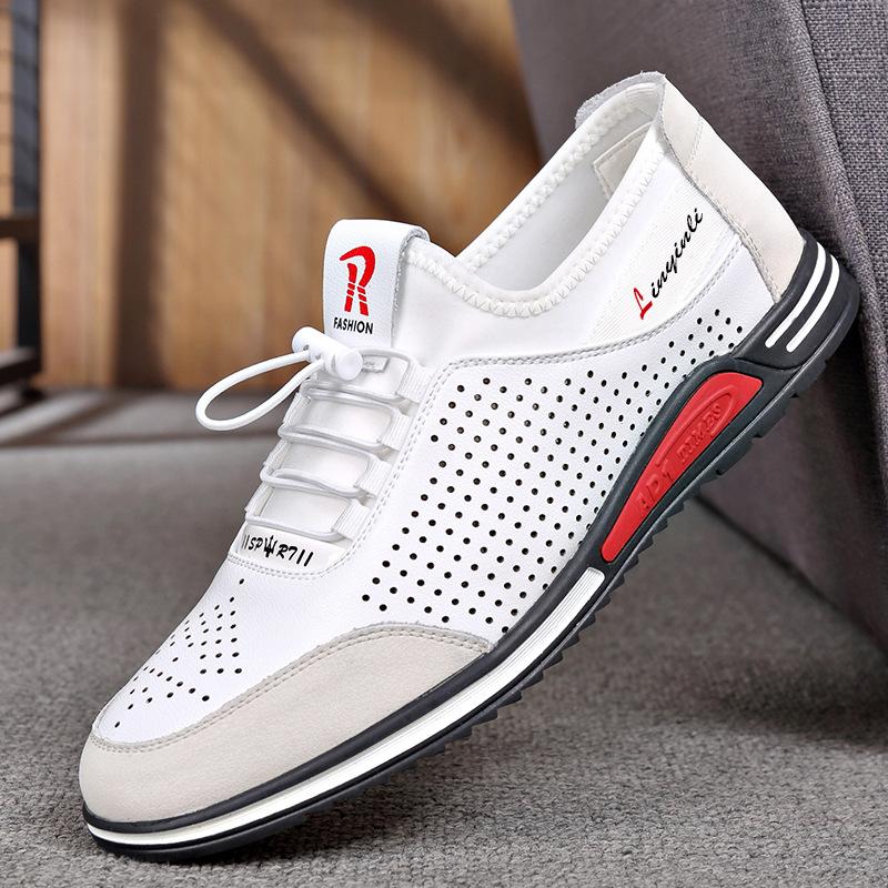 Sports and leisure shoes hollow cool leather shoes men's Korean version soft sole inner height increase men's shoes trendy white shoes men