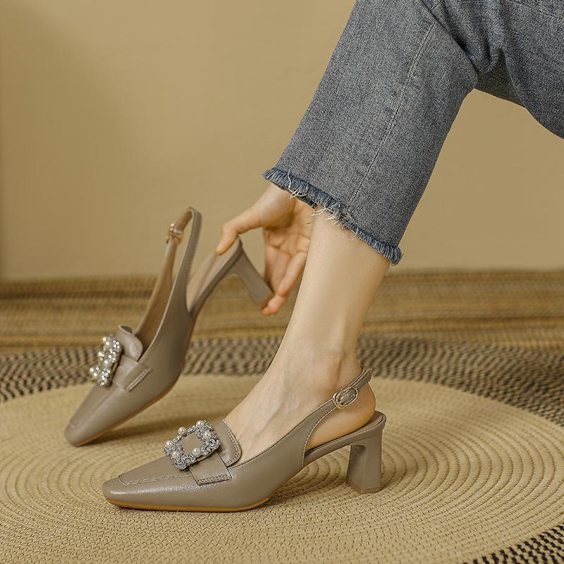 

Босоножки Baotou женские летние новые из французской кожи, темпераментные, с квадратным носком, с открытой пяткой, одинарные туфли на толстом каблуке, ремешок с пряжкой на щиколотке, туфли на высоком каблуке 40 хаки