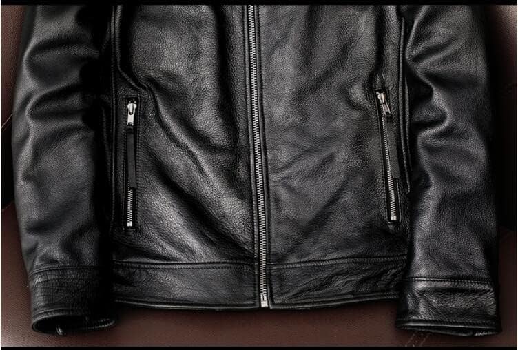 CHEJI Genuine Leather Military Biker and for and Denim Jacket Jacket, Men's Double-Breasted Jacket, Short, Simple, Cold-Weight Windproof, Thick,